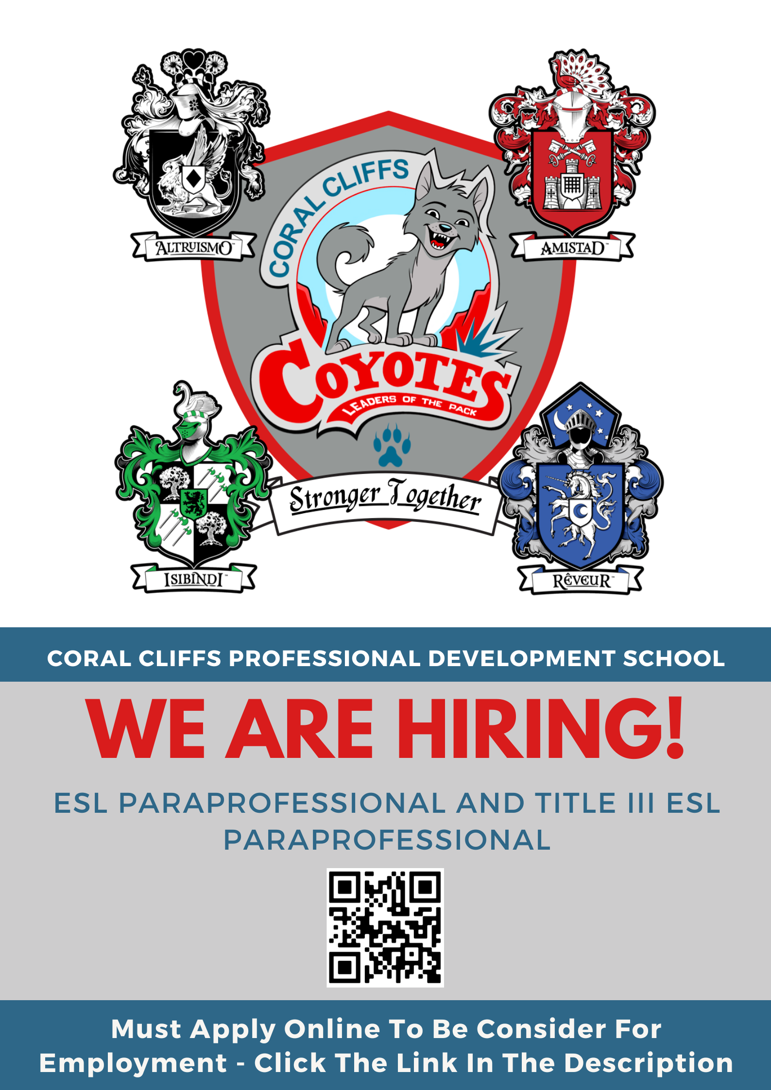 Coral Cliffs We are Hiring flyer with QR code. 